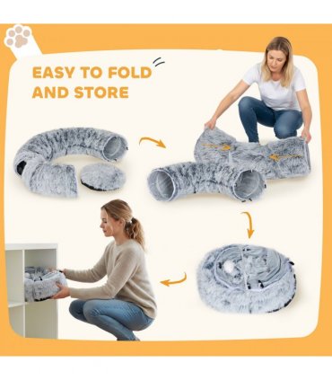 PawHut Donut Play Tunnel Bed with Washable Cushion and Toy Ball, Light Grey