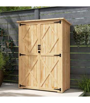 Outsunny Wooden Tool Storage Cabinet with Double Doors, Natural