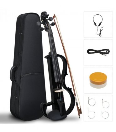 Full Size 4/4 Bunnel Edge Electric Silent Violin with Case Bow Rosin Headphone Connecting Line Black