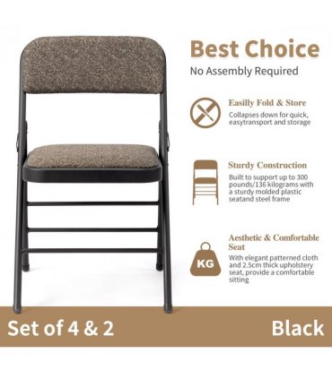 2pcs Black Patterned Padded Folding Chairs, Conference Event Chairs with Soft Seat (46*48*76cm), Frosted Iron Frame