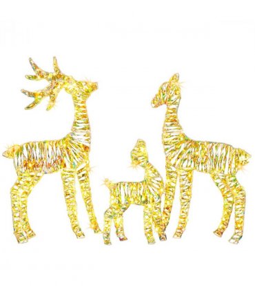 3-Piece Lighted Iridescent Christmas Reindeer Family Set Outdoor Decorations, Weather Proof Deer Family Set of 3 Christmas Ornament Home Decor Pre-lit 110 LED Warm White Lights, 2.4FT