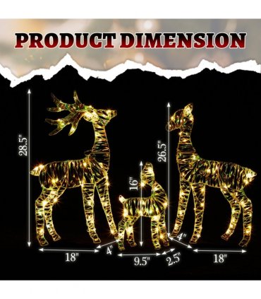 3-Piece Lighted Iridescent Christmas Reindeer Family Set Outdoor Decorations, Weather Proof Deer Family Set of 3 Christmas Ornament Home Decor Pre-lit 110 LED Warm White Lights, 2.4FT