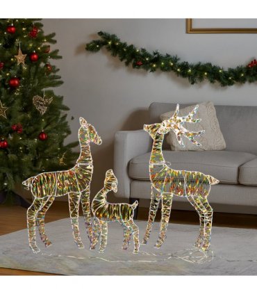3-Piece Lighted Iridescent Christmas Reindeer Family Set Outdoor Decorations, Weather Proof Deer Family Set of 3 Christmas Ornament Home Decor Pre-lit 110 LED Warm White Lights, 2.4FT