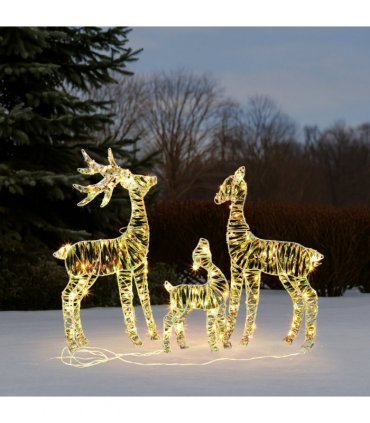 3-Piece Lighted Iridescent Christmas Reindeer Family Set Outdoor Decorations, Weather Proof Deer Family Set of 3 Christmas Ornament Home Decor Pre-lit 110 LED Warm White Lights, 2.4FT