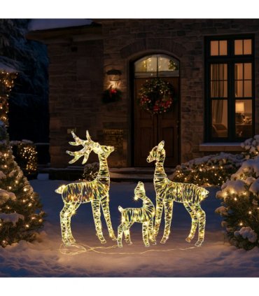 3-Piece Lighted Iridescent Christmas Reindeer Family Set Outdoor Decorations, Weather Proof Deer Family Set of 3 Christmas Ornament Home Decor Pre-lit 110 LED Warm White Lights, 2.4FT