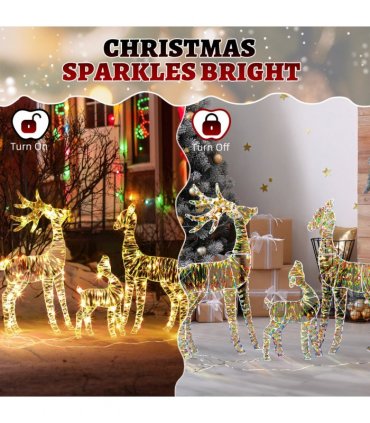 3-Piece Lighted Iridescent Christmas Reindeer Family Set Outdoor Decorations, Weather Proof Deer Family Set of 3 Christmas Ornament Home Decor Pre-lit 110 LED Warm White Lights, 2.4FT
