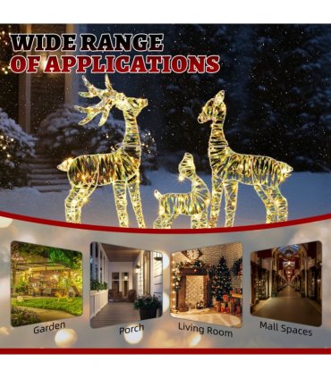 3-Piece Lighted Iridescent Christmas Reindeer Family Set Outdoor Decorations, Weather Proof Deer Family Set of 3 Christmas Ornament Home Decor Pre-lit 110 LED Warm White Lights, 2.4FT