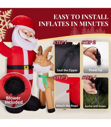 1.9M Lighted Christmas Inflatable Decoration, Inflatable Santa and Reindeer, Funny Blow Up Yard Decorations with Built-in LED Lights for Holiday Party Front Yard Lawn Garden Decor