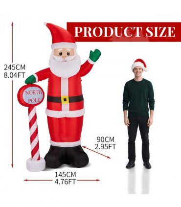 2.45M Lighted Christmas Inflatable Decoration, Inflatable Santa with North Pole Road Sign, Funny Blow Up Yard Decorations with Built-in LED Lights for Holiday Party Front Yard Lawn Garden Decor