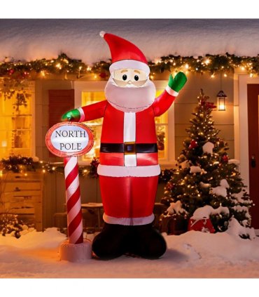 2.45M Lighted Christmas Inflatable Decoration, Inflatable Santa with North Pole Road Sign, Funny Blow Up Yard Decorations with Built-in LED Lights for Holiday Party Front Yard Lawn Garden Decor