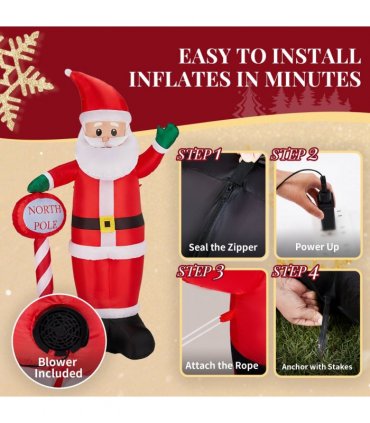 2.45M Lighted Christmas Inflatable Decoration, Inflatable Santa with North Pole Road Sign, Funny Blow Up Yard Decorations with Built-in LED Lights for Holiday Party Front Yard Lawn Garden Decor