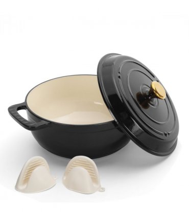 Cast iron 5QT cooking pot - Pure black - includes two silicone gloves - Enamel pot