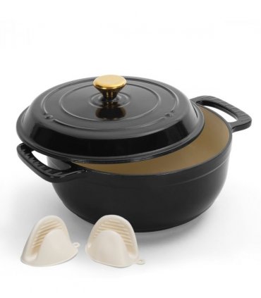 Cast iron 5QT cooking pot - Pure black - includes two silicone gloves - Enamel pot