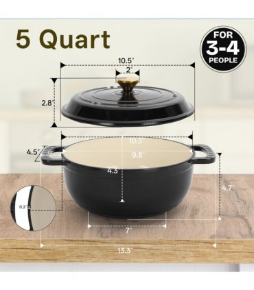 Cast iron 5QT cooking pot - Pure black - includes two silicone gloves - Enamel pot