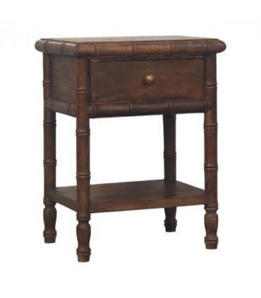 Artisan Furniture Solid Wood Bamboo Carved Bedside Table, 1 Drawer, 1 Shelf, Brown