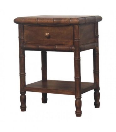 Artisan Furniture Solid Wood Bamboo Carved Bedside Table, 1 Drawer, 1 Shelf, Brown