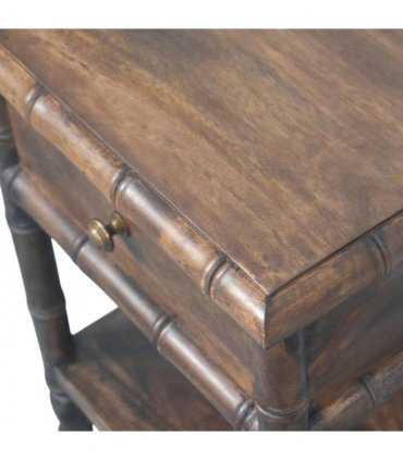 Artisan Furniture Solid Wood Bamboo Carved Bedside Table, 1 Drawer, 1 Shelf, Brown