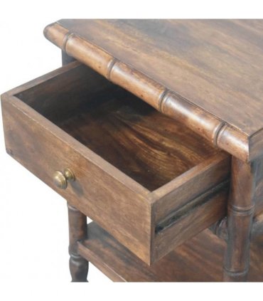 Artisan Furniture Solid Wood Bamboo Carved Bedside Table, 1 Drawer, 1 Shelf, Brown