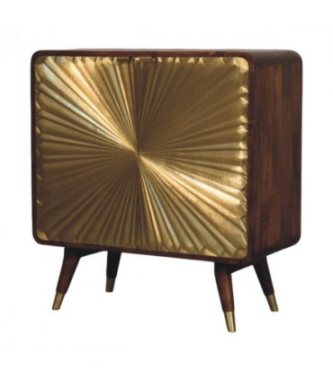 Artisan Furniture Solid Wood Avora Brass Embossed 2 Door Chestnut Cabinet, Dark Brown & Golden