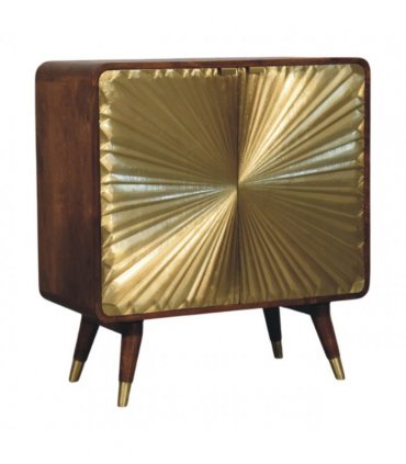 Artisan Furniture Solid Wood Avora Brass Embossed 2 Door Chestnut Cabinet, Dark Brown & Golden