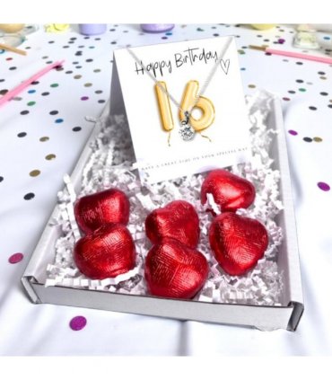 16th Birthday Cubic Zirconia Necklace & Gold Balloons Mini Hamper