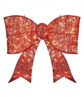 Pre-lit Outdoor Giant Bowknot Christmas Decoration, Lighted Metal Frame with 124 Warm White LED Lights, for Front Door Gate Wall Indoor Outdoor Holiday Party, Red