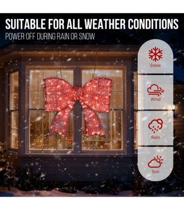 Pre-lit Outdoor Giant Bowknot Christmas Decoration, Lighted Metal Frame with 124 Warm White LED Lights, for Front Door Gate Wall Indoor Outdoor Holiday Party, Red