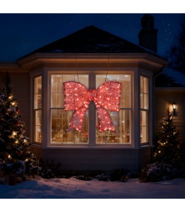 Pre-lit Outdoor Giant Bowknot Christmas Decoration, Lighted Metal Frame with 124 Warm White LED Lights, for Front Door Gate Wall Indoor Outdoor Holiday Party, Red
