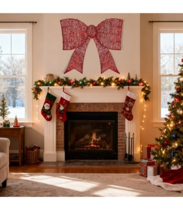 Pre-lit Outdoor Giant Bowknot Christmas Decoration, Lighted Metal Frame with 124 Warm White LED Lights, for Front Door Gate Wall Indoor Outdoor Holiday Party, Red