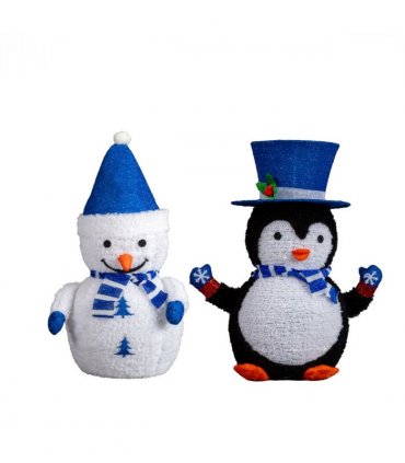 Set of 2 Lighted Plush Penguin and Snowman Christmas Decorations, Pre-lit Pull Up Holiday Decor with 100 Warm White LED Lights for Xmas Outdoor Indoor Decor Lighted Holiday Displays