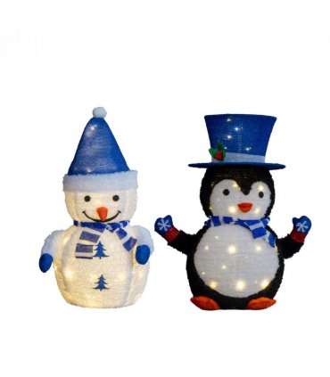 Set of 2 Lighted Plush Penguin and Snowman Christmas Decorations, Pre-lit Pull Up Holiday Decor with 100 Warm White LED Lights for Xmas Outdoor Indoor Decor Lighted Holiday Displays