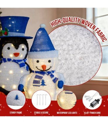 Set of 2 Lighted Plush Penguin and Snowman Christmas Decorations, Pre-lit Pull Up Holiday Decor with 100 Warm White LED Lights for Xmas Outdoor Indoor Decor Lighted Holiday Displays