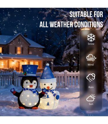 Set of 2 Lighted Plush Penguin and Snowman Christmas Decorations, Pre-lit Pull Up Holiday Decor with 100 Warm White LED Lights for Xmas Outdoor Indoor Decor Lighted Holiday Displays
