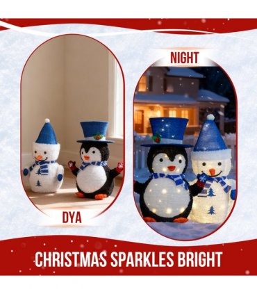 Set of 2 Lighted Plush Penguin and Snowman Christmas Decorations, Pre-lit Pull Up Holiday Decor with 100 Warm White LED Lights for Xmas Outdoor Indoor Decor Lighted Holiday Displays