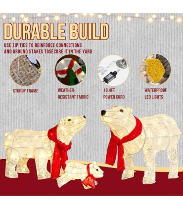 Set of 3 Lighted Polar Bear Family Christmas Decorations, Pre-lit Holiday Decor with 190 Warm White LED Lights for Xmas Outdoor Indoor Decor Lighted Holiday Displays, White