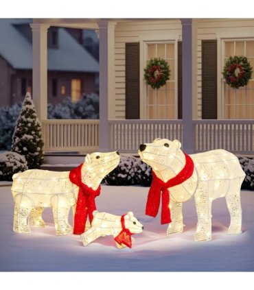 Set of 3 Lighted Polar Bear Family Christmas Decorations, Pre-lit Holiday Decor with 190 Warm White LED Lights for Xmas Outdoor Indoor Decor Lighted Holiday Displays, White