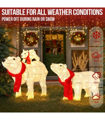 Set of 3 Lighted Polar Bear Family Christmas Decorations, Pre-lit Holiday Decor with 190 Warm White LED Lights for Xmas Outdoor Indoor Decor Lighted Holiday Displays, White