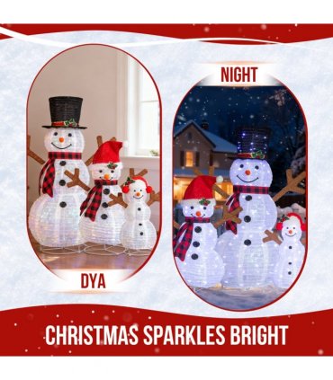 Set of 3 Lighted Snowman Family Christmas Yard Decorations, 60cm 90cm 120cm Pre-lit Pull Up Snowman with 270 White LEDs, for Xmas Outdoor Holiday Indoor Decor Lighted Holiday Displays