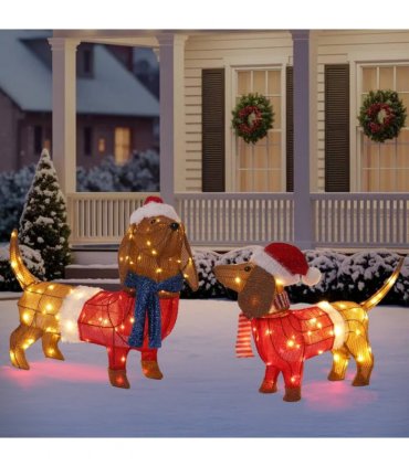 Set of 2 Lighted Dachshund Dog Christmas Decorations, Pre-lit Holiday Decor with 115 Warm White LED Lights for Xmas Outdoor Indoor Decor Lighted Holiday Displays, Brown