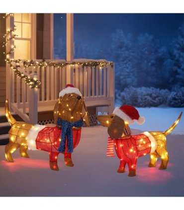 Set of 2 Lighted Dachshund Dog Christmas Decorations, Pre-lit Holiday Decor with 115 Warm White LED Lights for Xmas Outdoor Indoor Decor Lighted Holiday Displays, Brown