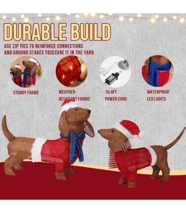 Set of 2 Lighted Dachshund Dog Christmas Decorations, Pre-lit Holiday Decor with 115 Warm White LED Lights for Xmas Outdoor Indoor Decor Lighted Holiday Displays, Brown