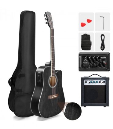 【】KMA101 41In Basswood Panel Matte Edging Folk Guitar with 10W Amplifier Bag Tuner and other Accessories Black