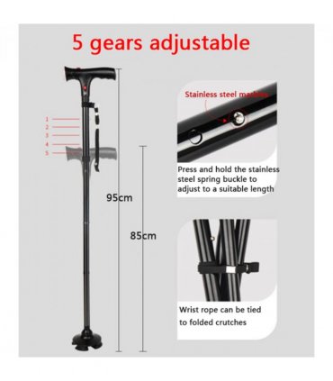 Camping Hiking Walking Stick 5-Level Height Adjustable Folding Walking Cane with LED Light And Alarm