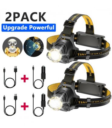 (2 Pack) USB Rechargeable LED Headlamp 3 Modes Head Torch Zoomable Headlight+Car Charger+USB Cable