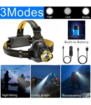 (2 Pack) USB Rechargeable LED Headlamp 3 Modes Head Torch Zoomable Headlight+Car Charger+USB Cable