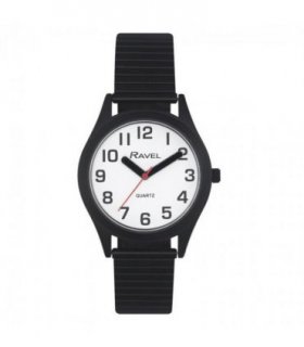 Ravel Mens Basic Bold Easy Read Expander Bracelet Watch White/Black R0225