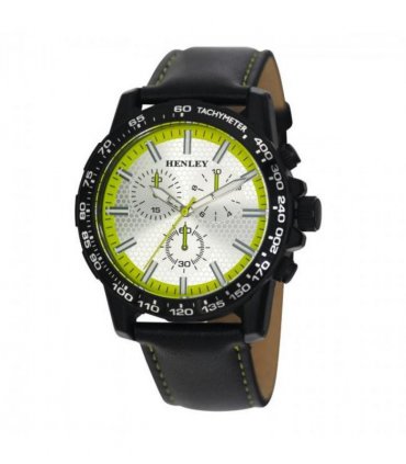 Henley Mens Satin Black Sports Coloured Stitch Multi Eye Watch Lime Green H03015.21