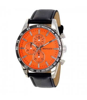 Henley Mens Polished Silver Sports Multi Eye Orange Dial Black Leather Strap Watch H03016.8