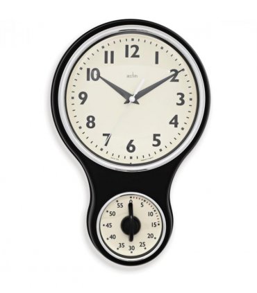 Acctim Kitchen Time 20cm Timer Quartz Retro Style Domed Glass Lens Black Wall Clock 21593