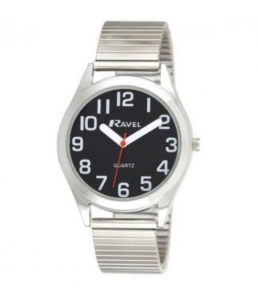 Ravel Mens  Basic Bold Easy Read Expander Bracelet Watch Black/Silver R0225